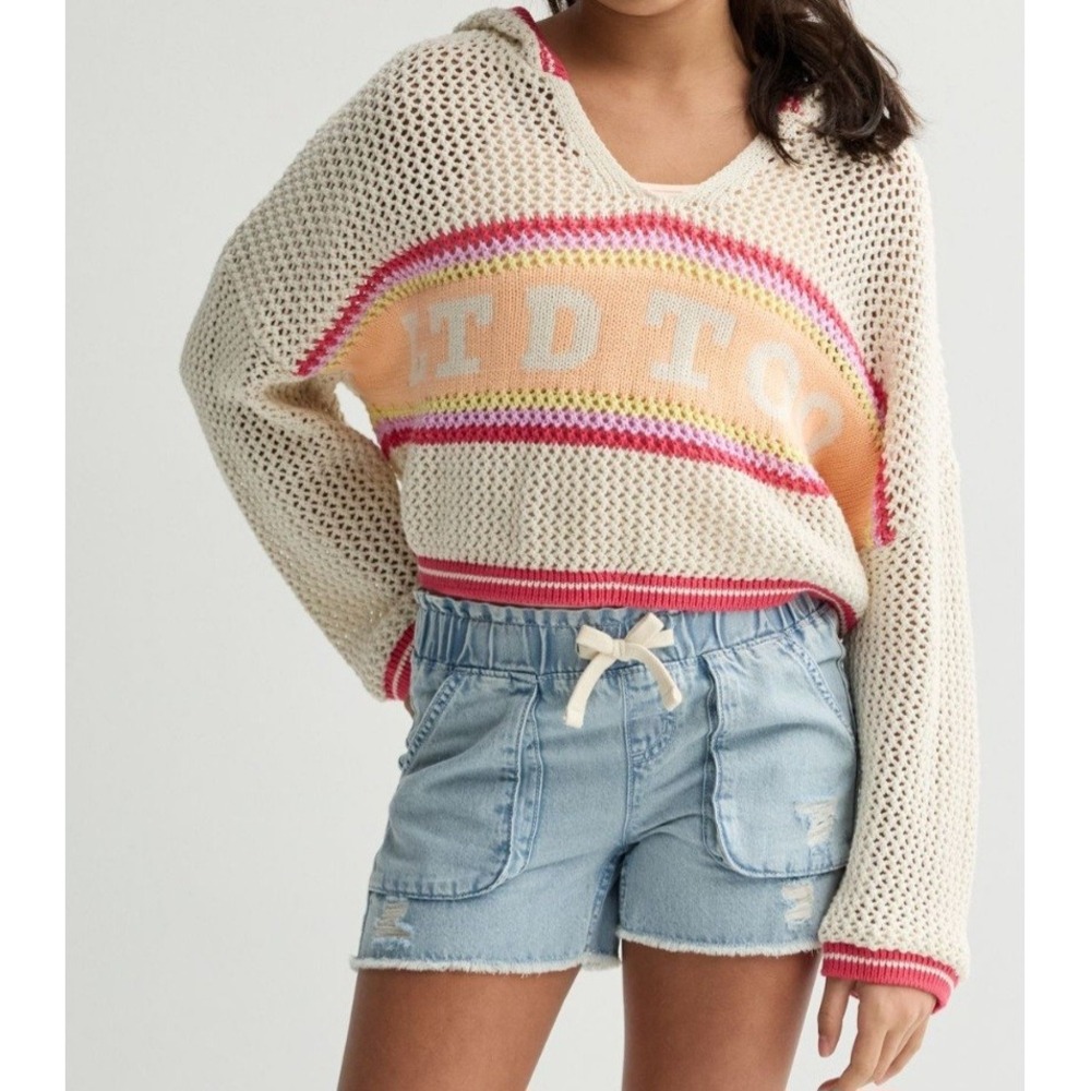 LTD Too Girls XL 16-18 Crochet Cropped Logo Hoodie Cottage Boho Beach Y2K Preppy